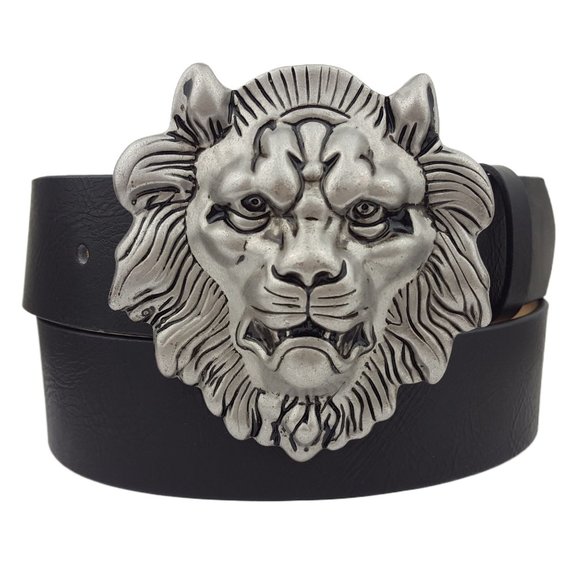 Silver Lion Buckle on a Black Belt - Picture 1 of 2